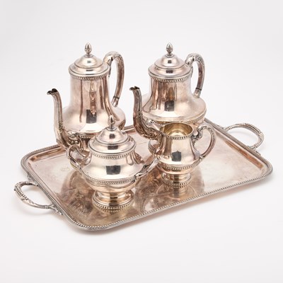 Lot 748 - A SILVER-PLATED FOUR-PIECE TEA AND COFFEE SERVICE ON TRAY