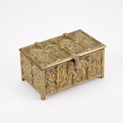 Lot 717 - A FRENCH BRASS CASKET IN THE GOTHIC TASTE