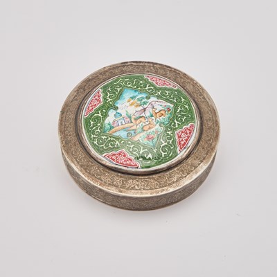 Lot 740 - A PERSIAN SILVER AND ENAMEL BOX