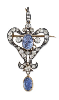 Lot 1635 - A LATE 19TH CENTURY SAPPHIRE AND DIAMOND BROOCH / PENDANT