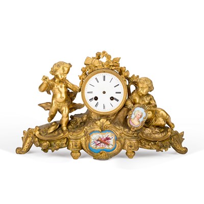 Lot 707 - A 19TH CENTURY FRENCH PORCELAIN-MOUNTED GILT-METAL MANTEL CLOCK