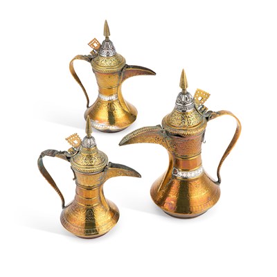 Lot 225 - THREE COPPER DALLAH COFFEE POTS