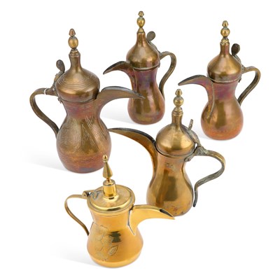 Lot 279 - FIVE BRASS DALLAH COFFEE POTS