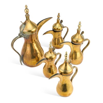 Lot 227 - FIVE BRASS DALLAH COFFEE POTS