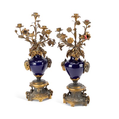 Lot 170 - A PAIR OF 19TH CENTURY FRENCH GILT-METAL AND PORCELAIN CANDELABRA