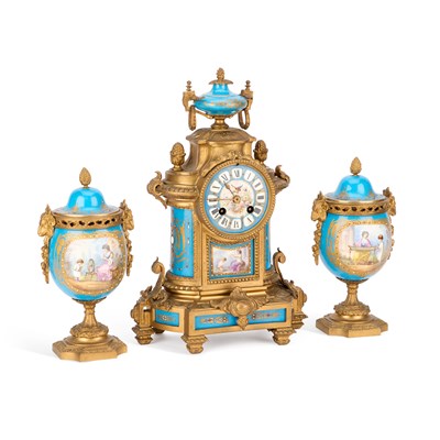 Lot 709 - A 19TH CENTURY FRENCH GILT-METAL AND PORCELAIN CLOCK GARNITURE