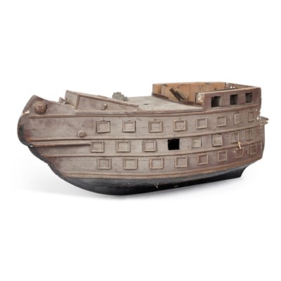 Lot 621 - A LARGE WOODEN MODEL OF THE HULL OF A GALLEON