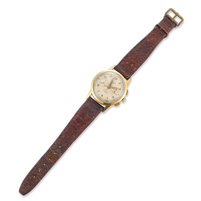 Lot 554 - A GENT'S GOLD-PLATED LEMANIA CHRONOGRAPH STRAP WATCH