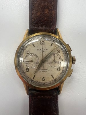Lot 554 - A GENT'S GOLD-PLATED LEMANIA CHRONOGRAPH STRAP WATCH