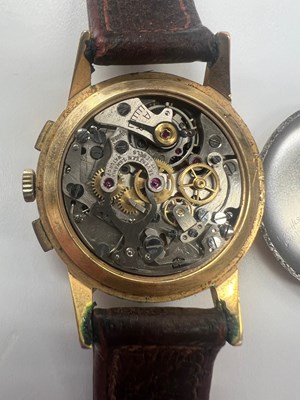 Lot 554 - A GENT'S GOLD-PLATED LEMANIA CHRONOGRAPH STRAP WATCH