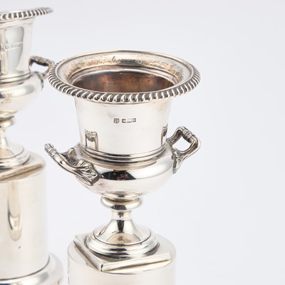 Lot 300 - A PAIR OF EDWARDIAN SILVER URNS ON INTEGRAL STANDS