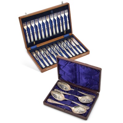 Lot 136 - A SET OF FOUR ENGLISH AESTHETIC MOVEMENT SILVER-PLATED SERVING SPOONS