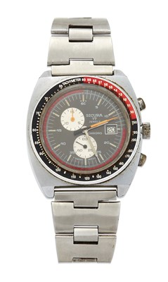 Lot 1483 - A STEEL SICURA CHRONOGRAPH BRACELET WATCH