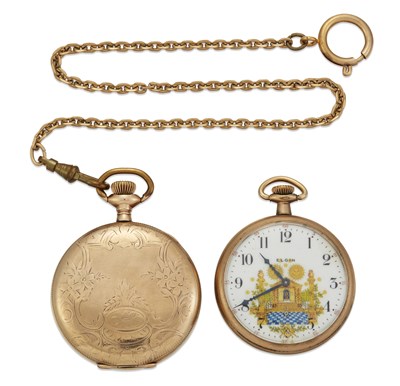 Lot 1487 - TWO GOLD PLATED MASONIC POCKET WATCHES ON A SINGLE CHAIN