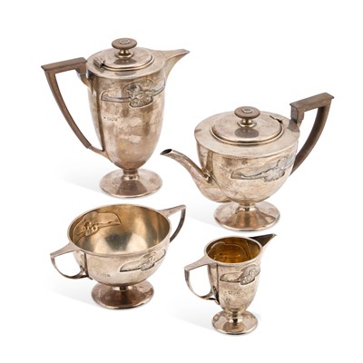 Lot 271 - KATE HARRIS (BRITISH 1878-1949) FOR WILLIAM HUTTON & SONS LTD, A SILVER FOUR-PIECE TEA SERVICE