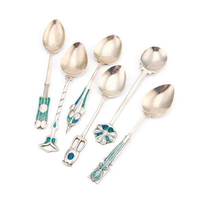 Lot 310 - A FINE SET OF SIX ART NOUVEAU SILVER AND ENAMEL SPOONS