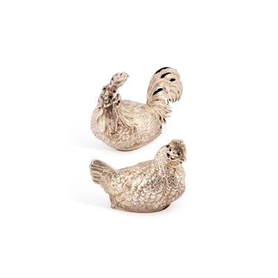 Lot 193 - A PAIR OF FRENCH SILVER 'CHICKEN' PEPPERS