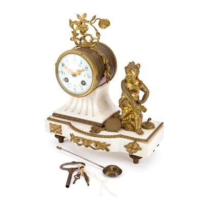 Lot 729 - A 19TH CENTURY FRENCH GILT-METAL MOUNTED MARBLE MANTEL CLOCK