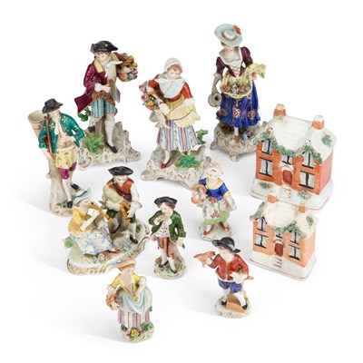 Lot 96 - A GROUP OF CONTINENTAL PORCELAIN FIGURES AND TWO COTTAGE MONEY BOXES