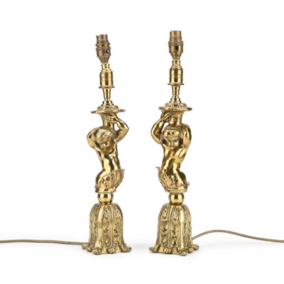 Lot 344 - A PAIR OF VICTORIAN HEAVY BRASS FIGURAL TABLE LAMPS