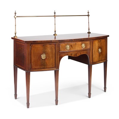 Lot 279 - A GEORGE III STYLE STRING-INLAID MAHOGANY BOW-FRONT SIDEBOARD