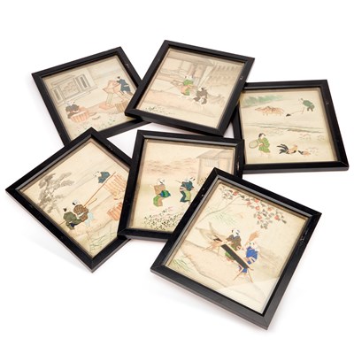 Lot A SET OF SIX JAPANESE SILKWORK PICTURES