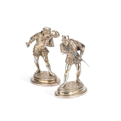 Lot AFTER ÉMILE-CORIOLAN-HIPPOLYTE GUILLEMIN, A PAIR OF SILVERED BRONZE FIGURES OF CAVALIERS