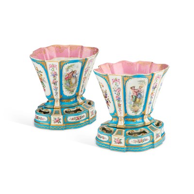 Lot 44 - A PAIR OF SÈVRES 'BLEU CÉLESTE' GROUND VASES AND STANDS (VASES 'HOLLANDOIS'), 19TH CENTURY