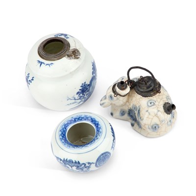 Lot 157 - TWO CHINESE BLUE AND WHITE WATER PIPES AND A BLUE AND WHITE BRUSH WASHER