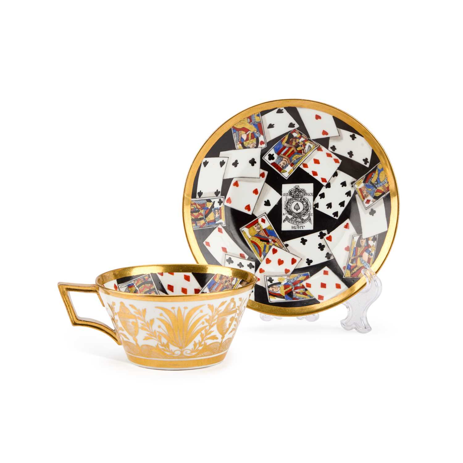 Lot 51 - A RARE DERBY TROMPE L'OEIL 'PLAYING CARDS' CUP AND SAUCER, CIRCA 1815