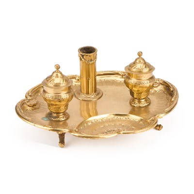 Lot 176 - A 19TH CENTURY GILT-METAL INKSTAND