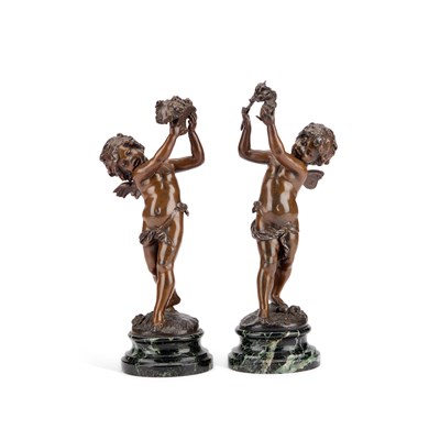 Lot AFTER AUGUST MOREAU (FRENCH 1834-1917), A PAIR OF 19TH CENTURY PATINATED SPELTER PUTTI