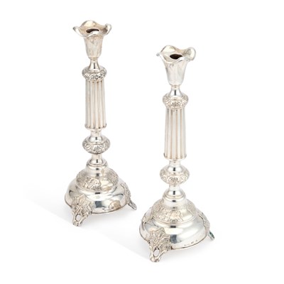 Lot 225 - JUDAICA: A PAIR OF POLISH SILVER SABBATH CANDLESTICKS