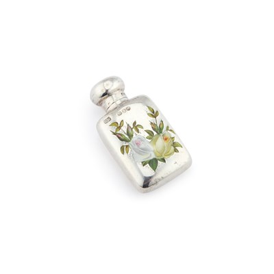 Lot 335 - A SMALL EDWARDIAN SILVER AND ENAMEL SCENT BOTTLE