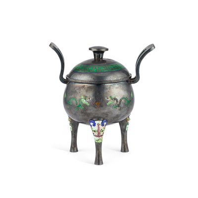 Lot 218 - A RARE CHINESE SILVER AND ENAMEL TRIPOD CENSER