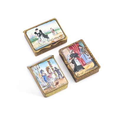 Lot 506 - THREE FRENCH BRASS AND ENAMEL NOVELTY VESTA CASES