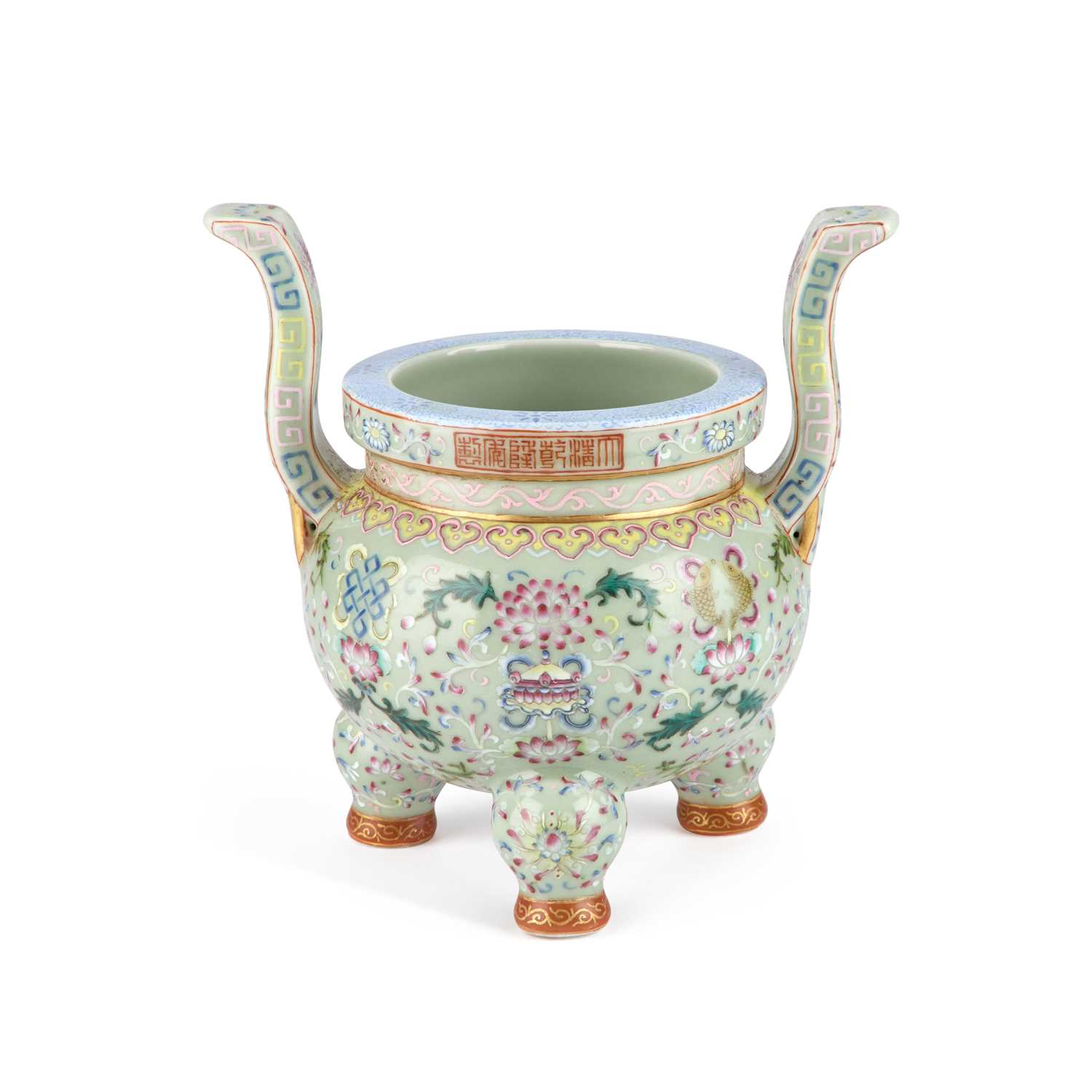 Lot 924 - A CHINESE FAMILLE ROSE 'BAJIXIANG' TWO-HANDLED TRIPOD CENSER