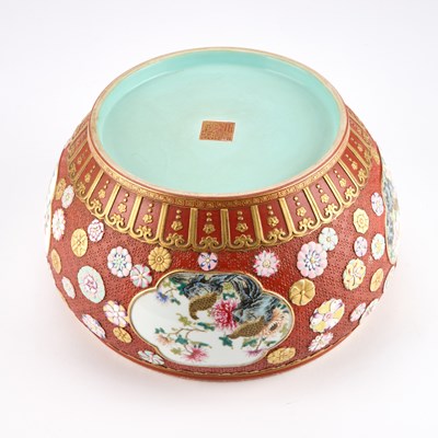 Lot A CHINESE FAMILLE ROSE ENAMELLED CORAL-RED GROUND JARDINIÈRE