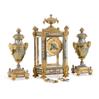 Lot 723 - A LATE 19TH CENTURY FRENCH CHAMPLEVÉ ENAMEL SIX-GLASS CLOCK GARNITURE