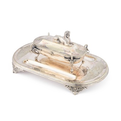 Lot 191 - A 19TH CENTURY EGYPTIAN REVIVAL SILVER-PLATED INKSTAND