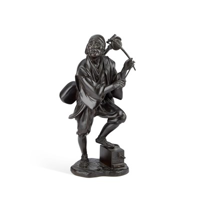 Lot 137 - A JAPANESE BRONZE FIGURE OF A TRAVELLING MUSICIAN