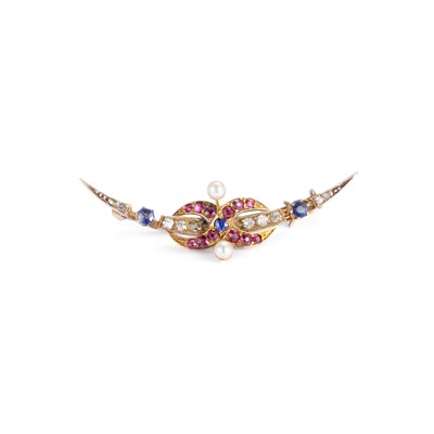 Lot 582 - A SEED PEARL, DIAMOND, SAPPHIRE AND RUBY BROOCH