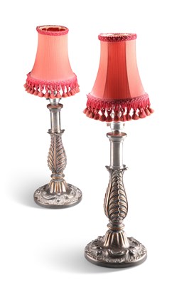 Lot 1012 - A PAIR OF OLD SHEFFIELD PLATE TABLE LAMPS, CIRCA 1835