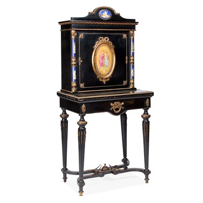 Lot 1270 - A NAPOLEON III GILT-METAL MOUNTED, PAINTED AND EBONISED BONHEUR-DU-JOUR