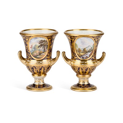 Lot 813 - A PAIR OF DERBY PORCELAIN CAMPANA VASES, CIRCA 1810