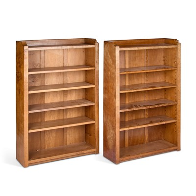 Lot 1358 - ROBERT THOMPSON OF KILBURN, A PAIR OF MOUSEMAN OAK OPEN BOOKCASES, CIRCA 1980