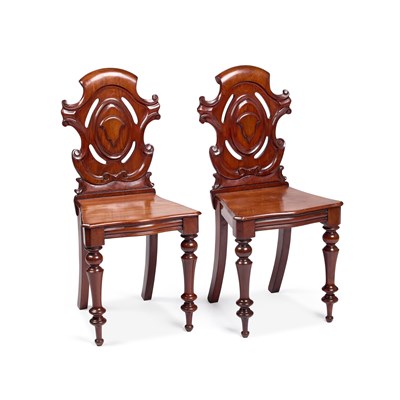 Lot 1253 - A PAIR OF VICTORIAN MAHOGANY HALL CHAIRS