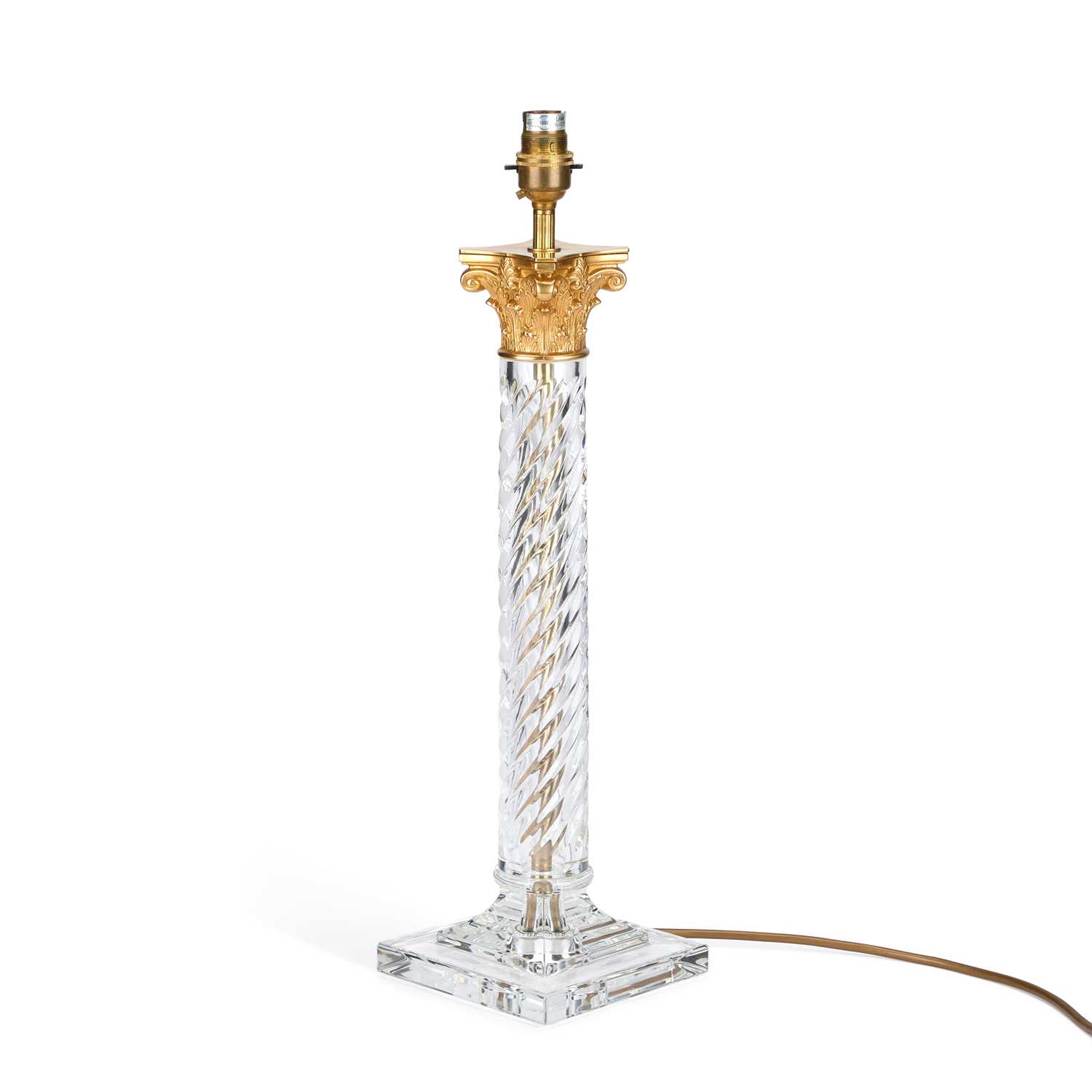 Lot 881 - A CONTEMPORARY GILT-METAL MOUNTED GLASS CORINTHIAN COLUMN TABLE LAMP