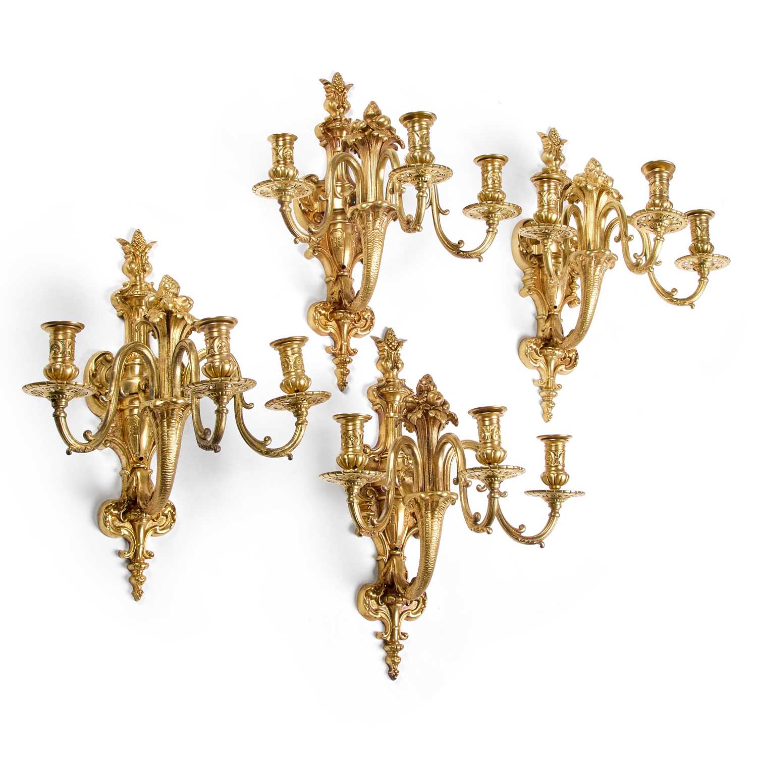 Lot 880 - A SET OF FOUR 19TH CENTURY BRONZE THREE-LIGHT WALL SCONCES