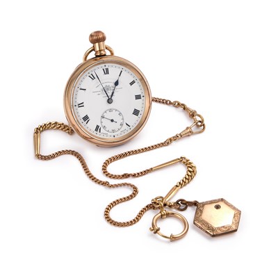 Lot 577 - A GOLD PLATED THOMAS RUSSELL POCKET WATCH AND ALBERT